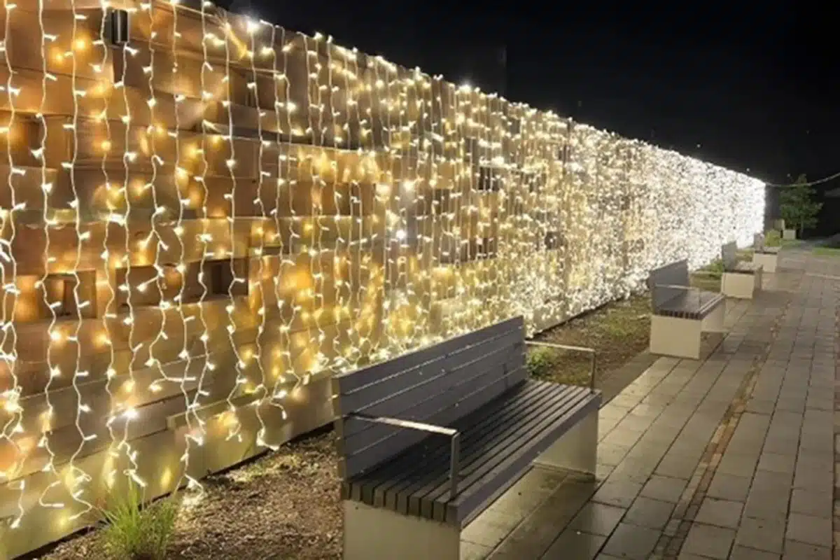 Fairy lights hanging on park wall